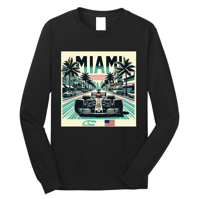 Formula Racing Open Wheel Car Retro Miami Circuit Usa Flag Long Sleeve Shirt