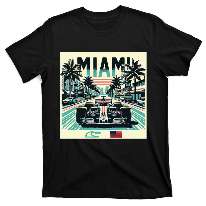 Formula Racing Open Wheel Car Retro Miami Circuit Usa Flag T-Shirt