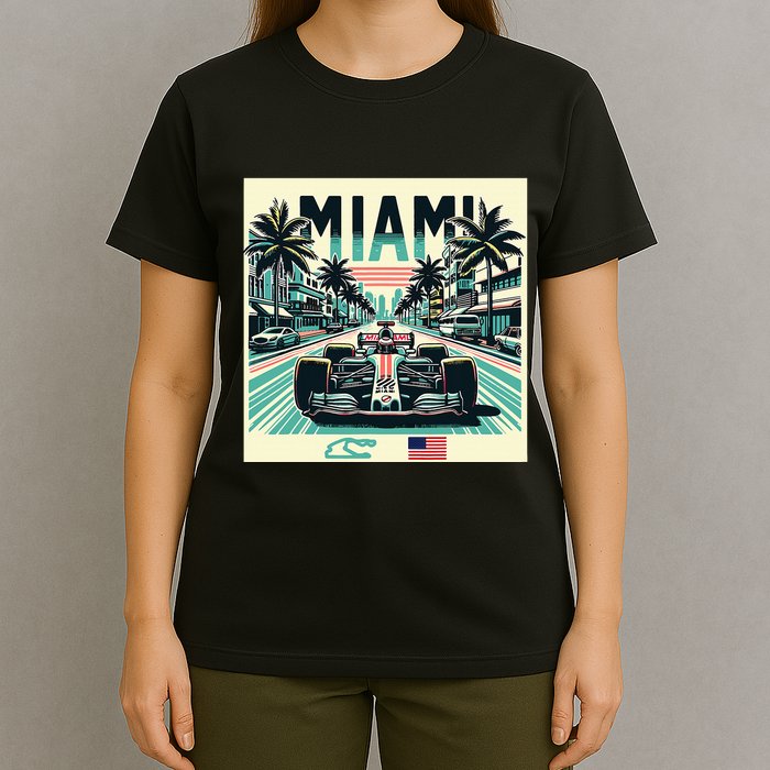 Formula Racing Open Wheel Car Retro Miami Circuit Usa Flag T-Shirt