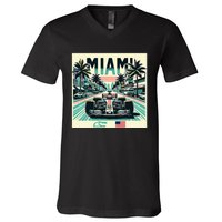 Formula Racing Open Wheel Car Retro Miami Circuit Usa Flag V-Neck T-Shirt