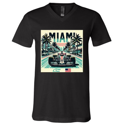 Formula Racing Open Wheel Car Retro Miami Circuit Usa Flag V-Neck T-Shirt