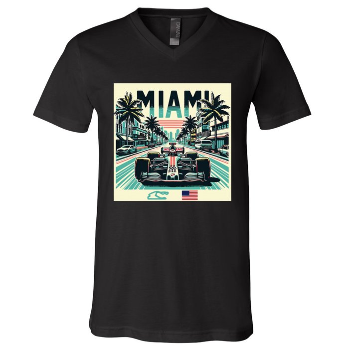 Formula Racing Open Wheel Car Retro Miami Circuit Usa Flag V-Neck T-Shirt