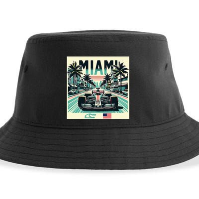 Formula Racing Open Wheel Car Retro Miami Circuit Usa Flag Sustainable Bucket Hat