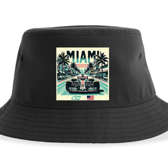 Formula Racing Open Wheel Car Retro Miami Circuit Usa Flag Sustainable Bucket Hat