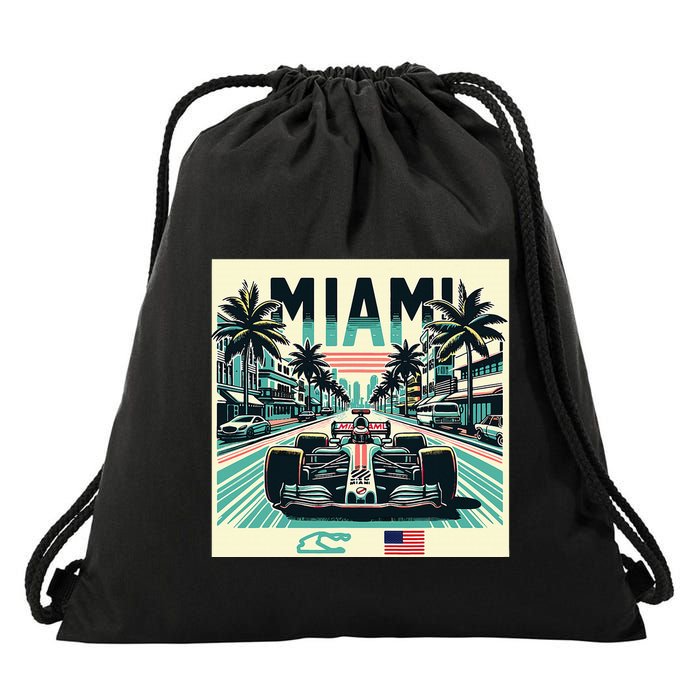 Formula Racing Open Wheel Car Retro Miami Circuit Usa Flag Drawstring Bag