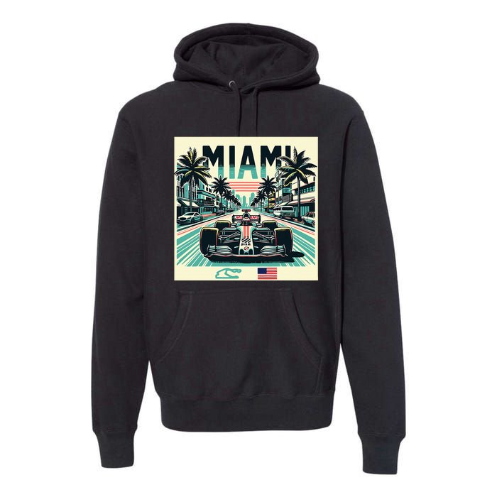 Formula Racing Open Wheel Car Retro Miami Circuit Usa Flag Premium Hoodie