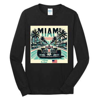 Formula Racing Open Wheel Car Retro Miami Circuit Usa Flag Tall Long Sleeve T-Shirt