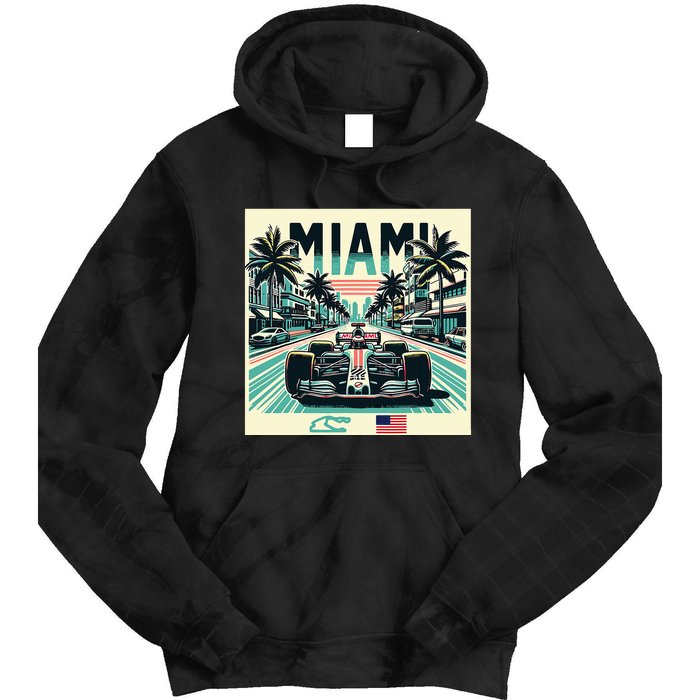 Formula Racing Open Wheel Car Retro Miami Circuit Usa Flag Tie Dye Hoodie