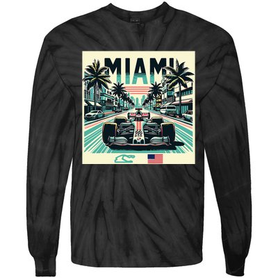 Formula Racing Open Wheel Car Retro Miami Circuit Usa Flag Tie-Dye Long Sleeve Shirt