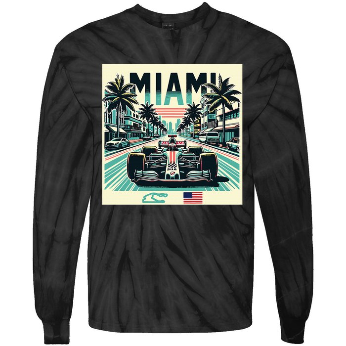 Formula Racing Open Wheel Car Retro Miami Circuit Usa Flag Tie-Dye Long Sleeve Shirt