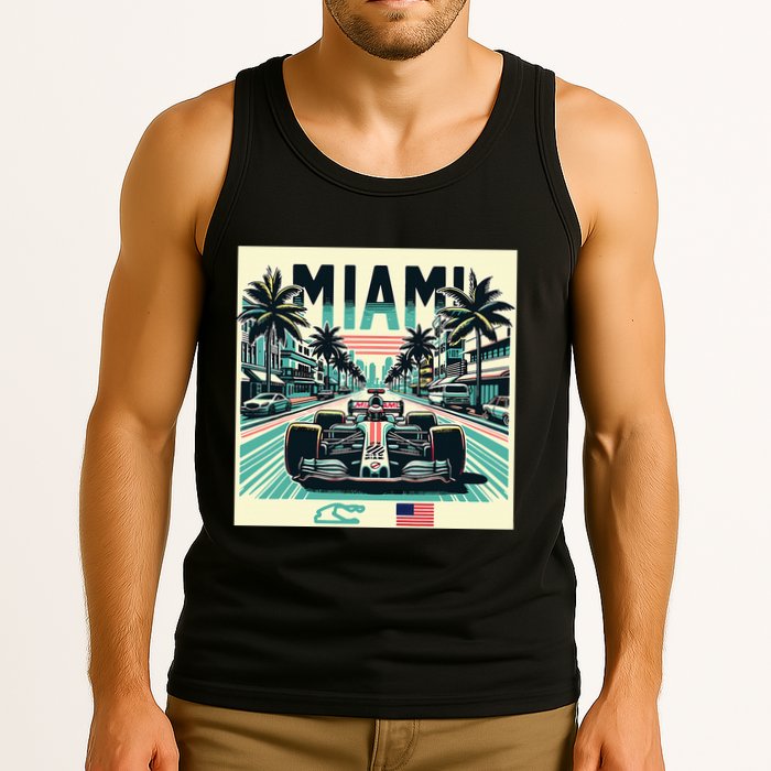 Formula Racing Open Wheel Car Retro Miami Circuit Usa Flag Tank Top