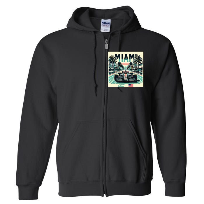 Formula Racing Open Wheel Car Retro Miami Circuit Usa Flag Full Zip Hoodie