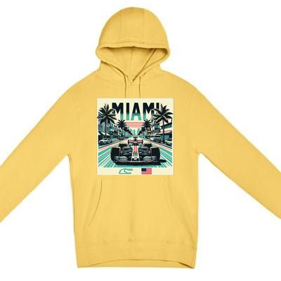 Formula Racing Open Wheel Car Retro Miami Circuit Usa Flag Premium Pullover Hoodie