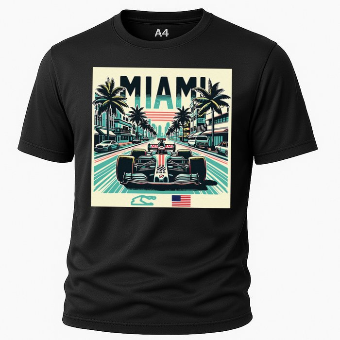 Formula Racing Open Wheel Car Retro Miami Circuit Usa Flag Cooling Performance Crew T-Shirt