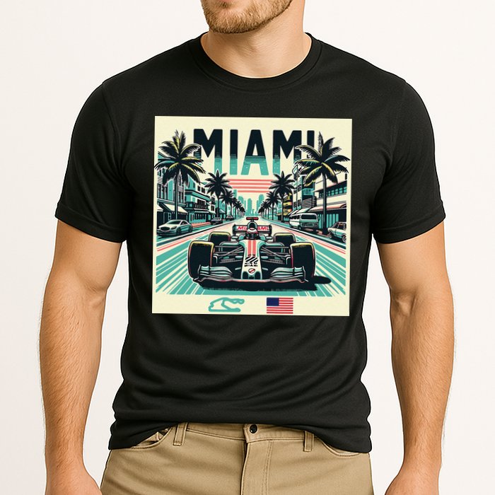 Formula Racing Open Wheel Car Retro Miami Circuit Usa Flag Cooling Performance Crew T-Shirt