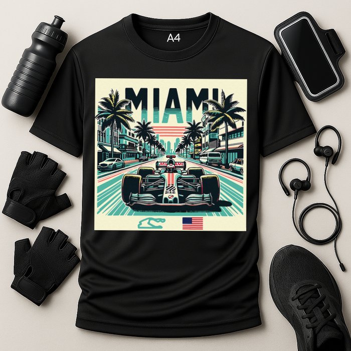 Formula Racing Open Wheel Car Retro Miami Circuit Usa Flag Cooling Performance Crew T-Shirt
