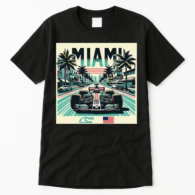 Formula Racing Open Wheel Car Retro Miami Circuit Usa Flag Tall T-Shirt