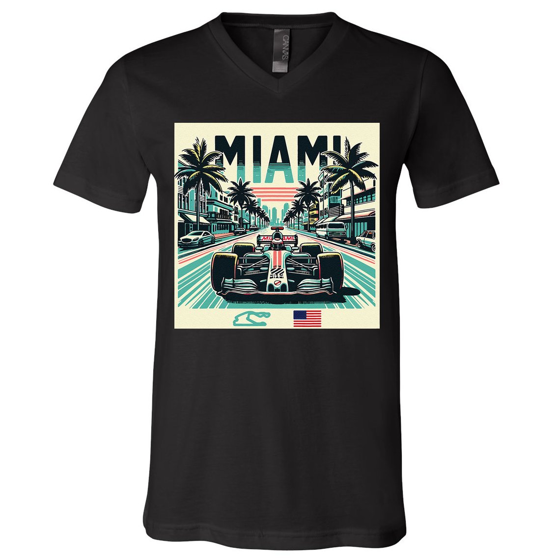 Formula Racing Open Wheel Car Retro Miami Circuit Usa Flag V-Neck T-Shirt