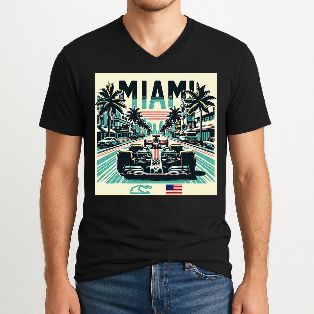 Formula Racing Open Wheel Car Retro Miami Circuit Usa Flag V-Neck T-Shirt