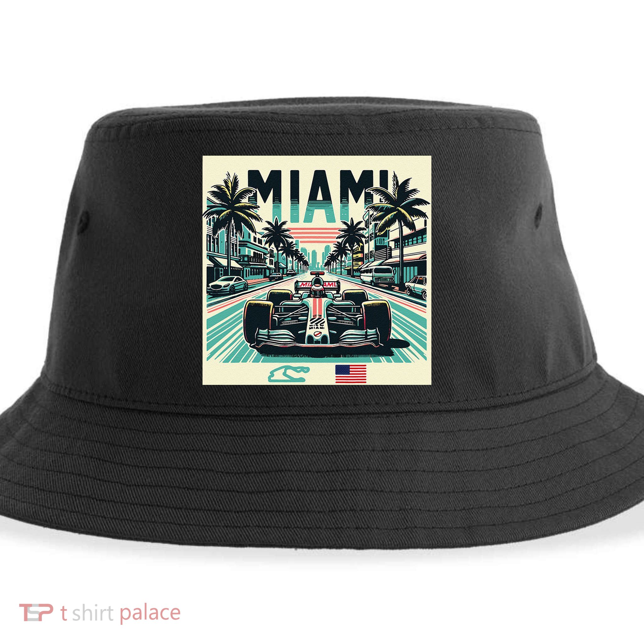 Formula Racing Open Wheel Car Retro Miami Circuit Usa Flag Sustainable Bucket Hat