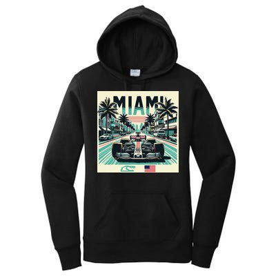 Formula Racing Open Wheel Car Retro Miami Circuit Usa Flag Women's Pullover Hoodie