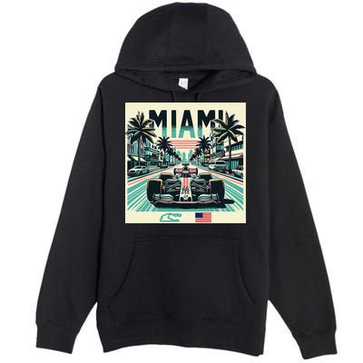 Formula Racing Open Wheel Car Retro Miami Circuit Usa Flag Premium Pullover Hoodie