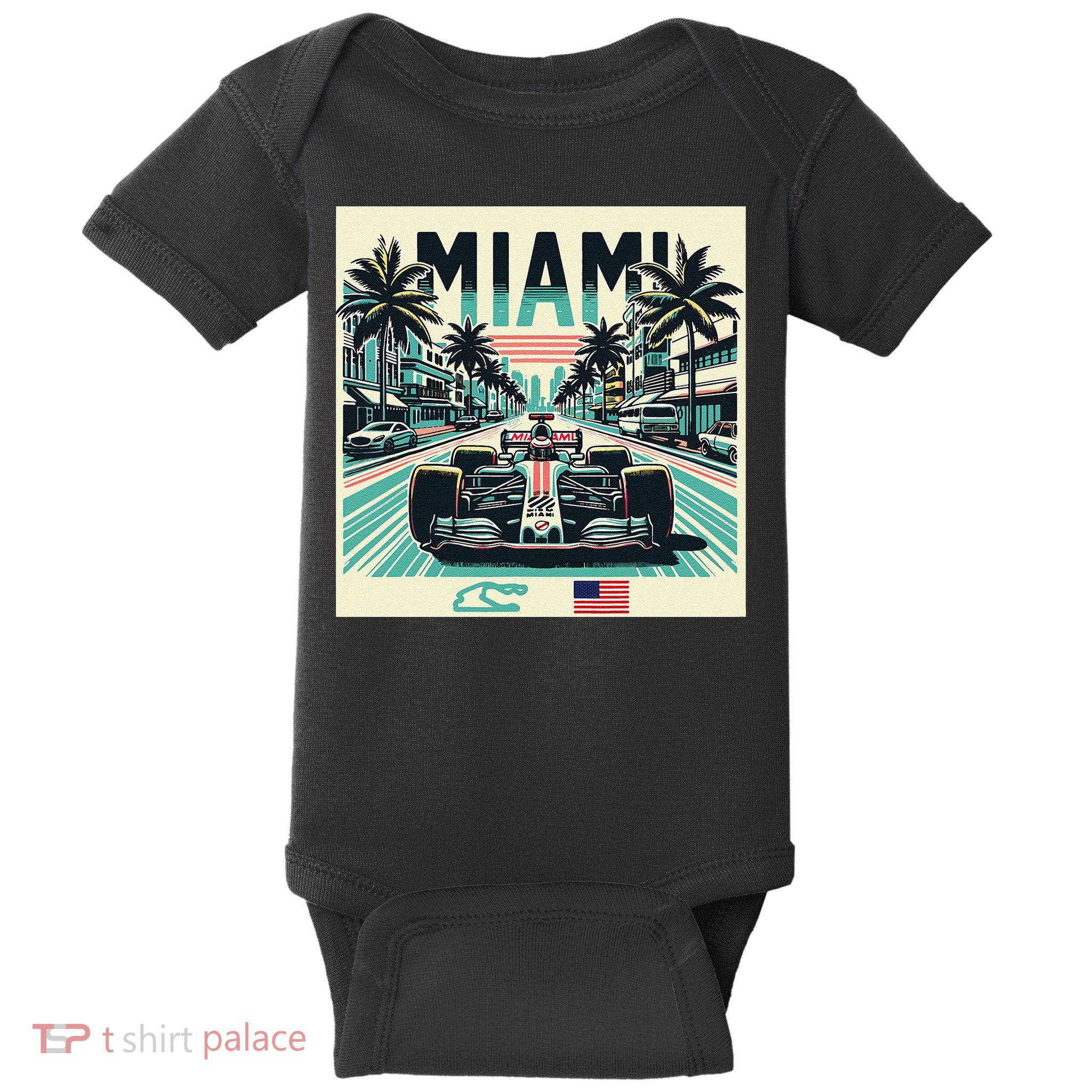 Formula Racing Open Wheel Car Retro Miami Circuit Usa Flag Baby Bodysuit