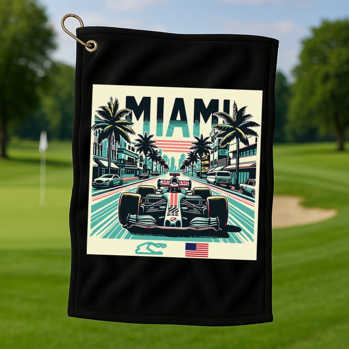 Formula Racing Open Wheel Car Retro Miami Circuit Usa Flag Golf Towel