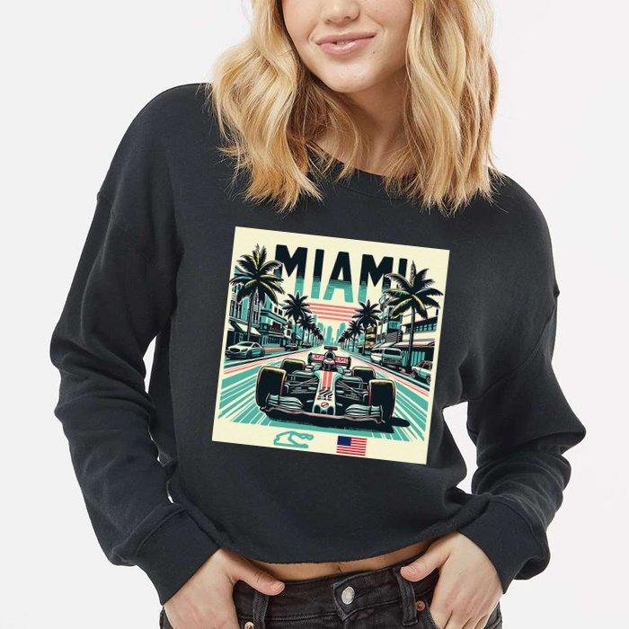 Formula Racing Open Wheel Car Retro Miami Circuit Usa Flag Cropped Pullover Crew