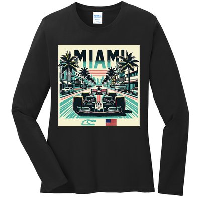 Formula Racing Open Wheel Car Retro Miami Circuit Usa Flag Ladies Long Sleeve Shirt