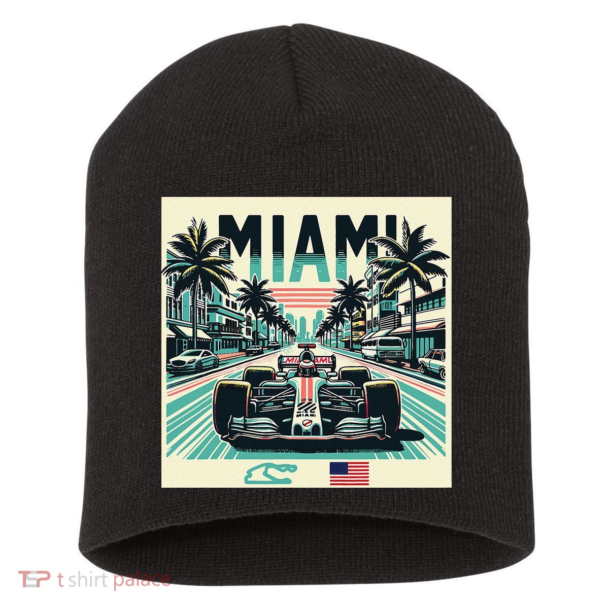 Formula Racing Open Wheel Car Retro Miami Circuit Usa Flag Short Acrylic Beanie