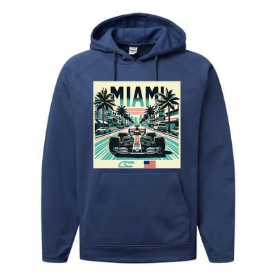 Formula Racing Open Wheel Car Retro Miami Circuit Usa Flag Performance Fleece Hoodie