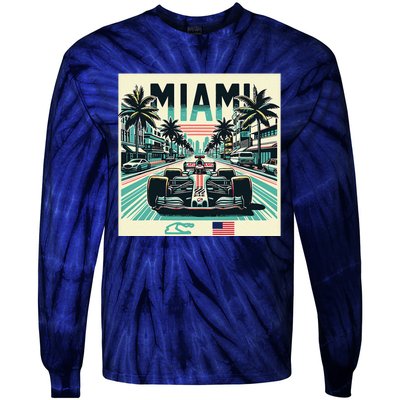 Formula Racing Open Wheel Car Retro Miami Circuit Usa Flag Tie-Dye Long Sleeve Shirt