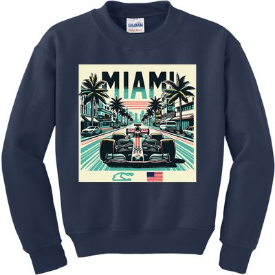 Formula Racing Open Wheel Car Retro Miami Circuit Usa Flag Kids Sweatshirt