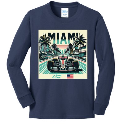 Formula Racing Open Wheel Car Retro Miami Circuit Usa Flag Kids Long Sleeve Shirt