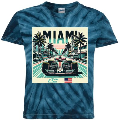 Formula Racing Open Wheel Car Retro Miami Circuit Usa Flag Kids Tie-Dye T-Shirt