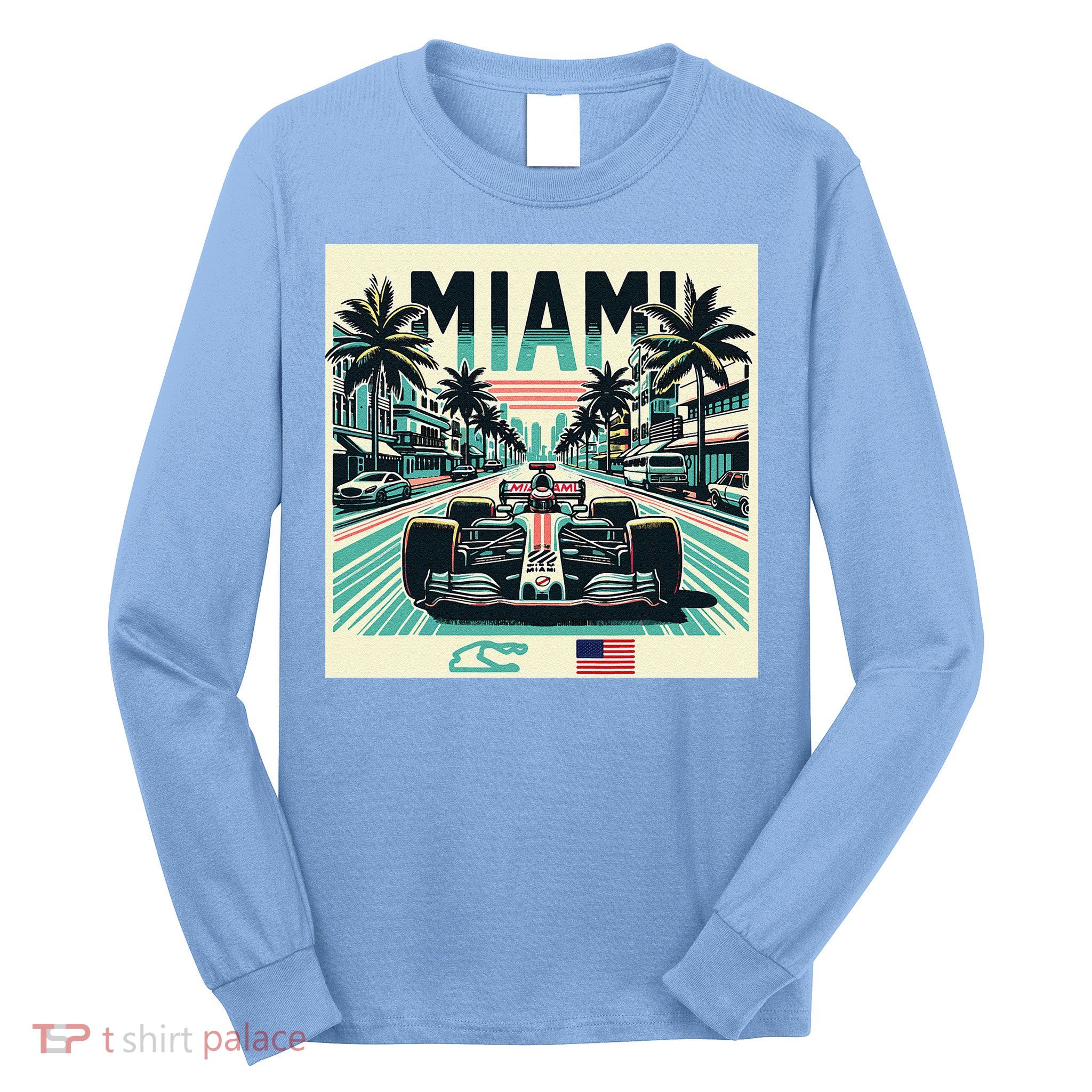 Formula Racing Open Wheel Car Retro Miami Circuit Usa Flag Long Sleeve Shirt