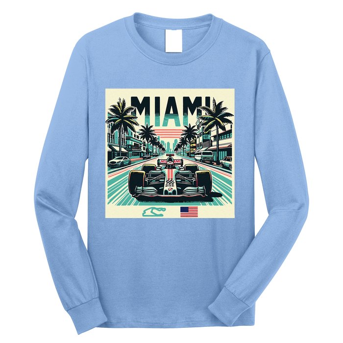 Formula Racing Open Wheel Car Retro Miami Circuit Usa Flag Long Sleeve Shirt