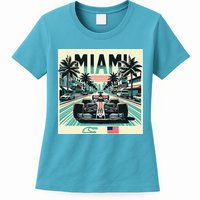 Formula Racing Open Wheel Car Retro Miami Circuit Usa Flag Womens T-Shirt