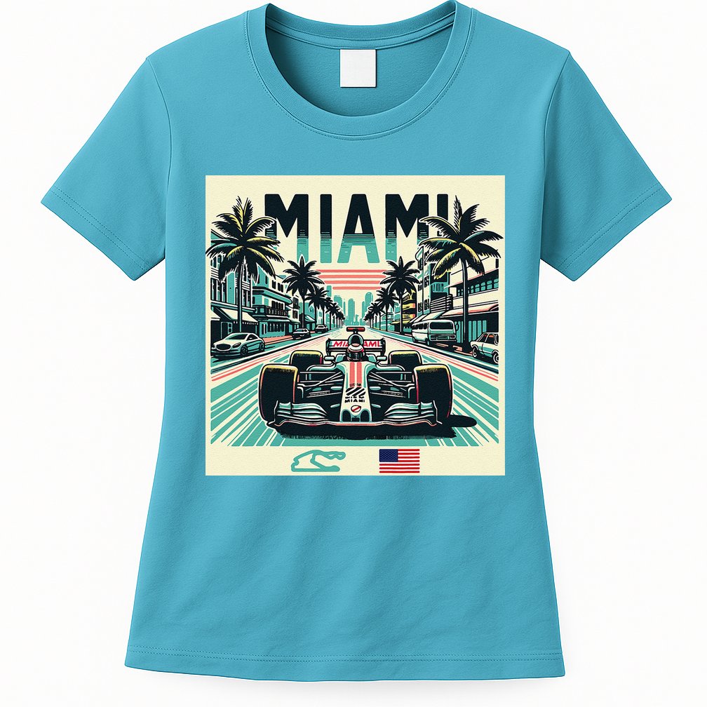 Formula Racing Open Wheel Car Retro Miami Circuit Usa Flag Womens T-Shirt