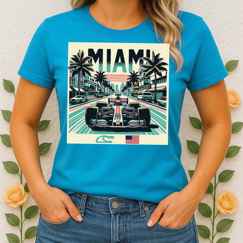 Formula Racing Open Wheel Car Retro Miami Circuit Usa Flag Womens T-Shirt