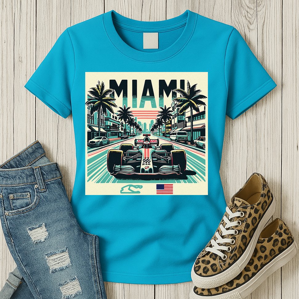 Formula Racing Open Wheel Car Retro Miami Circuit Usa Flag Womens T-Shirt
