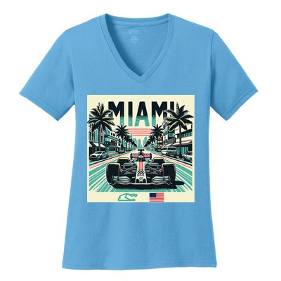 Formula Racing Open Wheel Car Retro Miami Circuit Usa Flag Women's V-Neck T-Shirt
