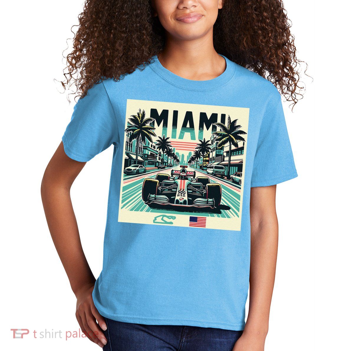 Formula Racing Open Wheel Car Retro Miami Circuit Usa Flag Kids T-Shirt