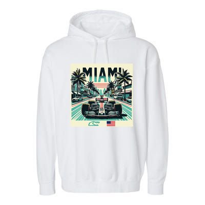 Formula Racing Open Wheel Car Retro Miami Circuit Usa Flag Garment-Dyed Fleece Hoodie