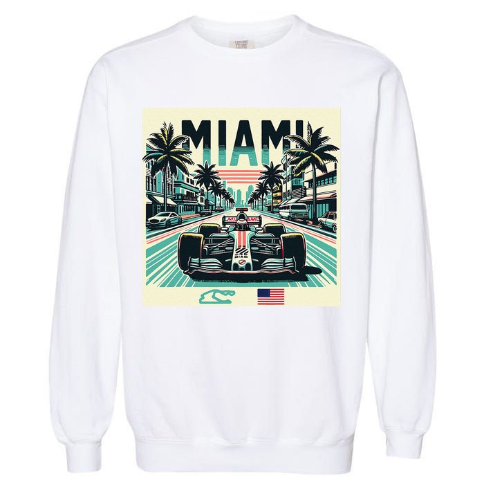 Formula Racing Open Wheel Car Retro Miami Circuit Usa Flag Garment-Dyed Sweatshirt