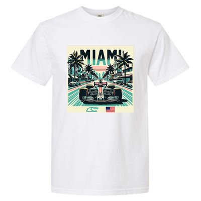 Formula Racing Open Wheel Car Retro Miami Circuit Usa Flag Garment-Dyed Heavyweight T-Shirt