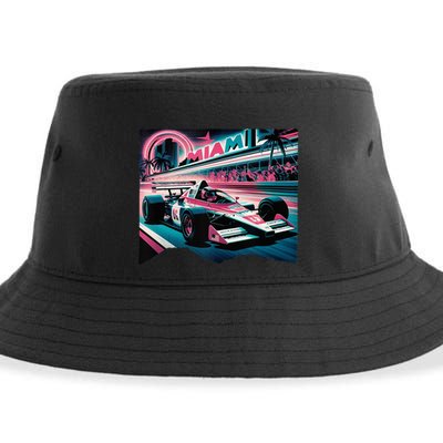 Formula Racing Open Wheel Car Retro Miami Circuit Usa Flag Sustainable Bucket Hat