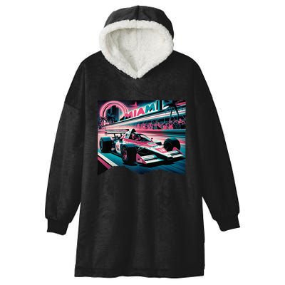 Formula Racing Open Wheel Car Retro Miami Circuit Usa Flag Hooded Wearable Blanket