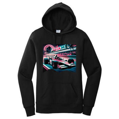 Formula Racing Open Wheel Car Retro Miami Circuit Usa Flag Women's Pullover Hoodie